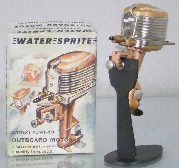 WATER SPRITE OUTBOARD MOTOR: die cast & tin, 4" tall, stand not included, orig box & insert minor wear, C8-9.