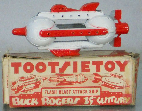 TOOTSIETOY 1033 FLASH BLAST ATTACK SHIP: red & white, orig box minor wear, C8-9.
