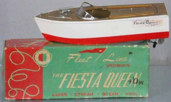 FLEET LINE FIESTA QUEEN BOAT: wood, 9 1/2" long, battery operated, not tested, missing life preserver, orig box & insert minor wear, C7-8.