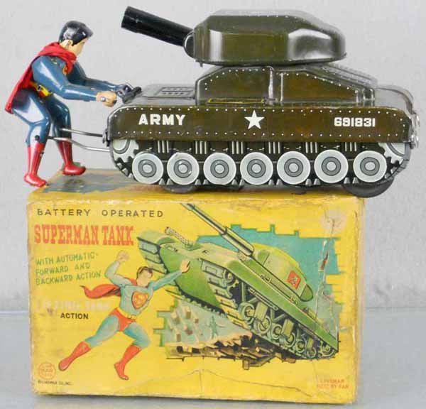 LINEMAR SUPERMAN TANK: litho tin, battery operated, not tested, 10 1/2" long, orig box worn, C7.