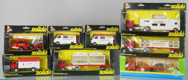 SOLIDO & GAMA CIRCUS VEHICLES: die cast & plastic, Solido 2 #330, 331, 332, 333, 334, 336, Gama 9284, orig boxes minor wear, C9-10.