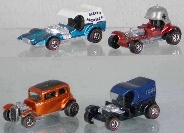 4 HOT WHEELS REDLINE VEHICLES: Mutt Mobile, Red Baron, Ford Vicky, Paddy Wagon, all orig issues, C5-8.