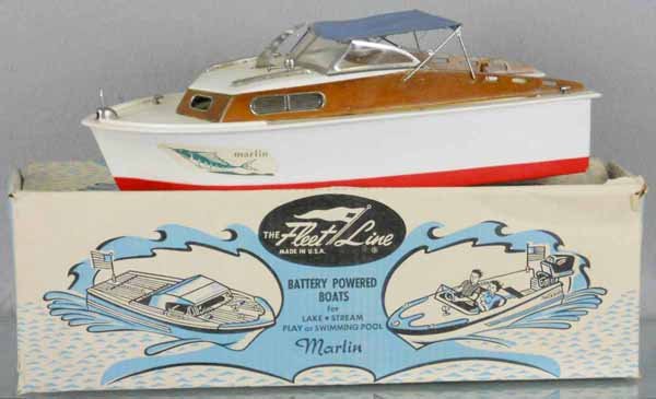 FLEET LINE MARLIN BOAT: plastic & wood, 16" long, battery operated, not tested, transom has been widened for twin motors, orig box worn, C6-7.