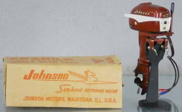 K&O JOHNSON SEAHORSE OUTBOARD MOTOR: die cast & tin, 5 1/2" tall, stand not included, orig box worn, top flap loose, C7-8.