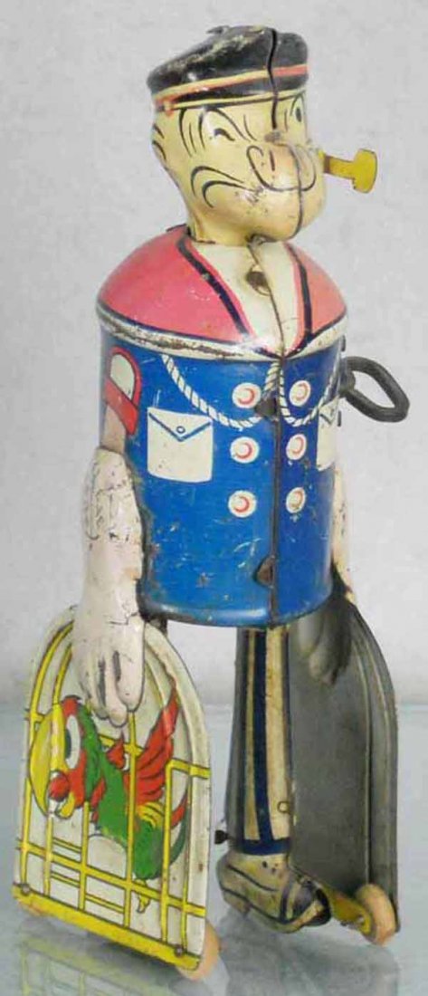 MARX POPEYE & PARROTS: litho tin, windup working, 7 1/2" tall, C5.