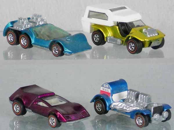 4 HOT WHEELS REDLIINE VEHICLES: Six Shooter, Power Pad, Tri Baby, Special Delivery, all orig issues, C6-8.