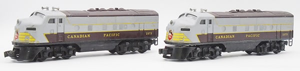 LIONEL 2373 CANADIAN PACIFIC F3 AA DIESELS: 2373 Power A, 2373T tender, both nose decals worn, paint chips on roofs, C6.