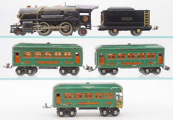 LIONEL TRAIN SET: O ga, 259E loco, 259T tender, 2 #607 Pullmans, 608 obsv, cars are peacock w/orange trim, playworn, C5-6.