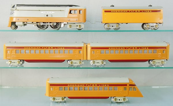 AMERICAN FLYER HIAWATHA TRAIN SET: O ga, 1683 loco & tender, w/whistle, 2 #1641 coaches, 1642 obsv, professionally restored, C9.