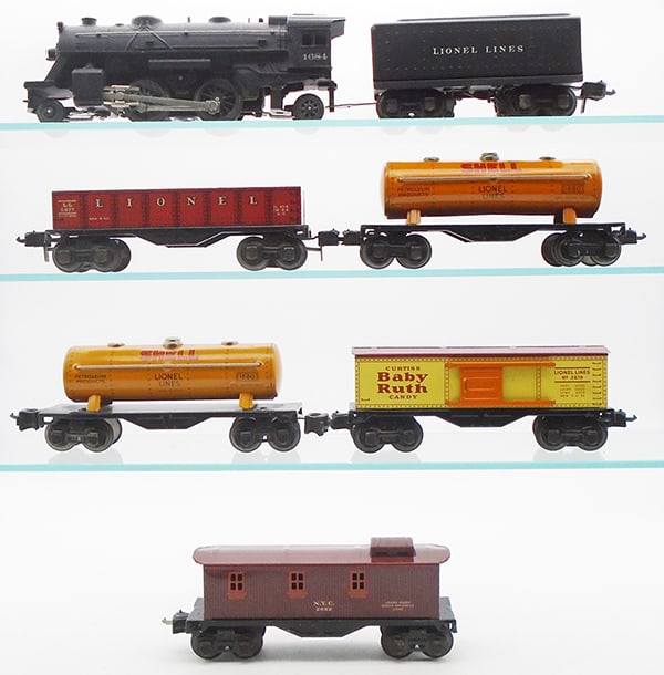 LIONEL TRAIN SET: O ga, 1684 loco, 2689W tender, 2677 gondola, 2 #1680 Shell tanks, 2679 box car, 2682 caboose, C6-8.