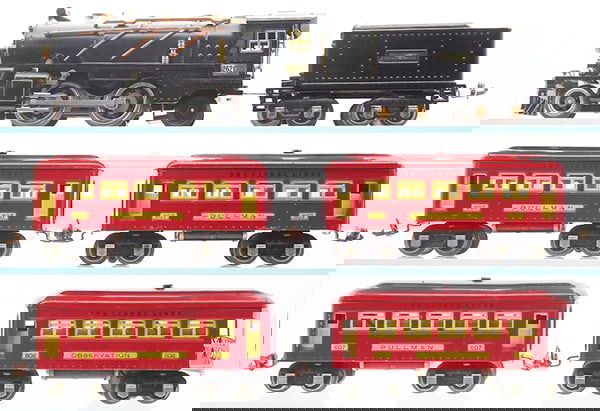 LIONEL TRAIN SET: O ga, 262 loco, 262T tender, 3 #607 Pullmans, 608 obsv, cars are red w/yellow trim, C6-7.
