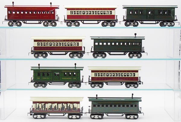 9 NEW MARX PASSENGER CARS: O ga, litho tin, 5161-1, 5161-2, 5161-3, 5161-4 Tarantula RR cars, orig boxes minor wear, 7347-1994 TCA coach, orig box minor wear, 7347-1954 coach, orig box minor wear, 5202 TCA coach, orig box minor