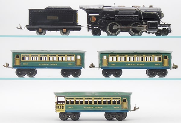 LIONEL TRAIN SET: O ga, 259E loco, 259T tender, 2 #1692 coaches, 1693 obsv, blue, litho tin, C6-7.