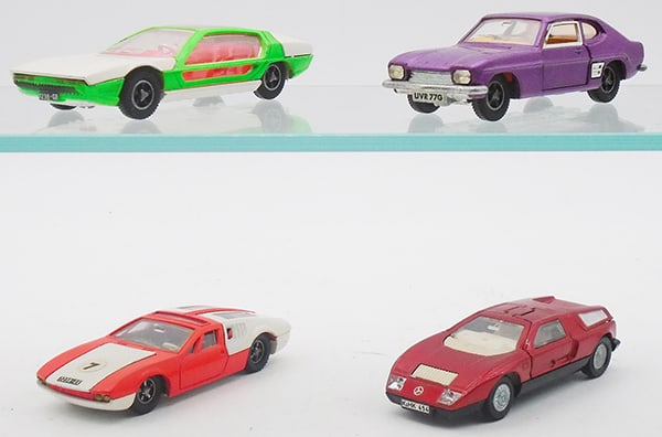 4 DINKY VEHICLES: 189 Lamborghini Marzac, 165 Ford Capri, 187 DeTomaso, 224 Mercedes C111, C7-8.