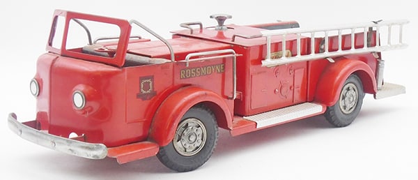 DOEPKE 2010 FIRE PUMPER: painted pressed steel, red, surface oxidation spots, running board bell broken but there, ladder replaced, 1 spring holder broken but there, top of water tank is replaced, C4-5.