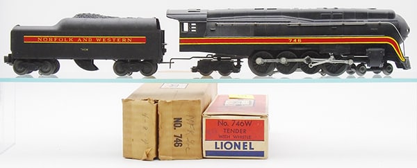 LIONEL 746 N&W LOCO & TENDER: O ga, 746 loco, 746W short-stipe tender, orig boxes minor wear, C8.