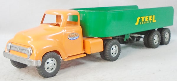 TONKA 145 STEEL CARRIER: painted pressed steel, orange & green, ca 1955, cab restored, C6-8.