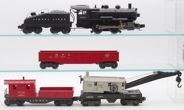 LIONEL TRAIN SET: O ga, 1656 loco, 6403B tender, 6462 gondola, 6560 crane, 6119 caboose, orig boxes rough, orig set box unmarked, C7-8.