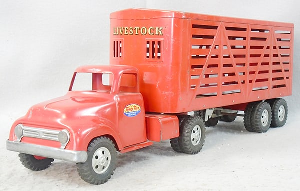 TONKA 36 LIVESTOCK VAN: painted pressed steel, red, repro decals on cab, ca 1955, C6-7.