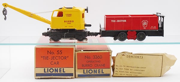 2 LIONEL MOTORIZED UNITS: O ga, 3360 burro crane, 55 tie-jector w/ties, orig boxes & inserts minor wear, C8.