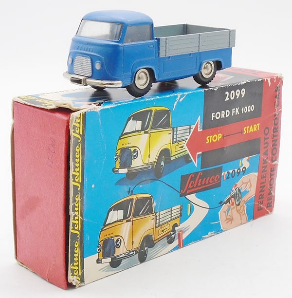SCHUCO 2099 FORD FK 1000 TRUCK: die cast, windup working, 4 1/2 in, orig box & insert, missing 8 plastic bollards, orig box worn, C7-8.