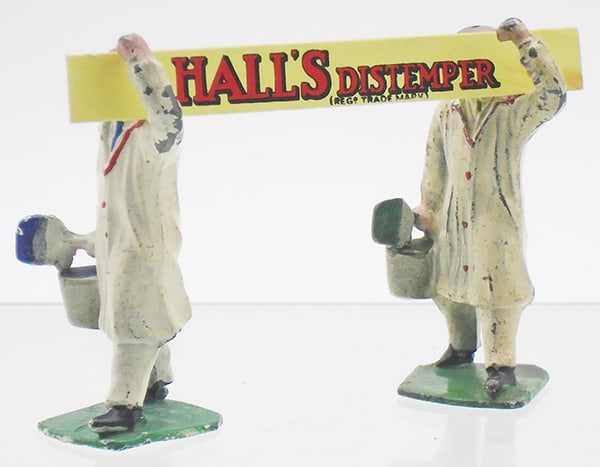 DINKY 13 HALLS DISTEMPER ADVERTISEMENT: ca 1931, 1 blue paintbrush, 1 green paintbrush, w/reproduction sign, C5-6.