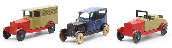 3 TOOTSIETOY OLDSMOBILES: 6306 Delivery, tan & red, 6305 Touring, blue & black, paint chip on visor, 6301 Roadster, tan & red, C7-8.