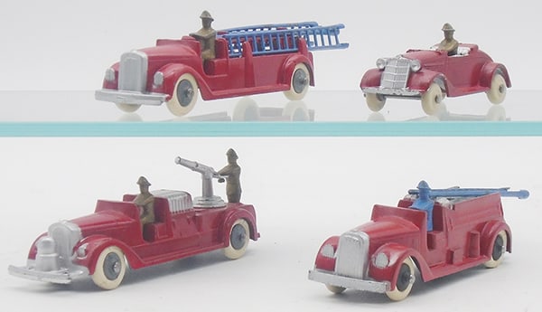 TOOTSIETOY FIRE VEHICLES: 1040 Mack Ladder Truck, prefessionally restored, Fire Chief Car, 1041 Mack Hose Car, 1042 Mack Insurance Patrol, all are red & silver, C6-8.