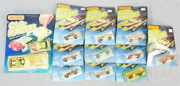 11 MATCHBOX GLO-RACERS: no duplicates, cardboard backings are warped, factory sealed on orig blister packs, C9-10.