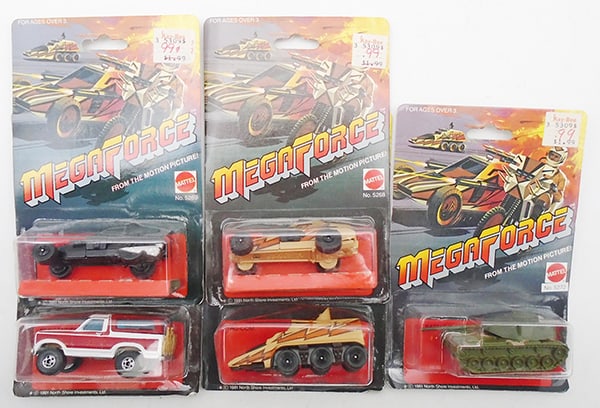 5 MATTEL MEGAFORCE BLISTER PACKS: 5269 Mega Destroyer, 2 #5270 Personnel Carrier, 5268 Mega Destroyer 1, 5273 Tac-Com, 5272 Battle Tank, factory sealed on orig cards, minor wear, C10.