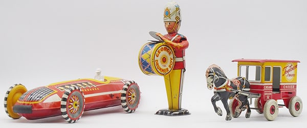 3 MARX TOYS: litho tin, Racer, 16 1/2", George the Drummer Boy, 9" tall, Toy Town Dairy, 10 1/2", all are windup working, C7-8.