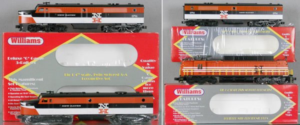WILLIAMS NEW HAVEN LOCOS: O ga, AC1002 AA Alco set w/AC2002 B unit, EF413 NH electric, orig boxes & inserts minor wear, C8-9.