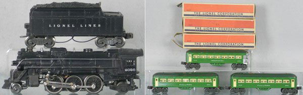 LIONEL TRAIN SET: O ga, 2026 loco, 6466WX tender, silver letters, w/cars 2 #6440 coaches, 6441 obsv, car orig boxes only, boxes rough, C6-7.