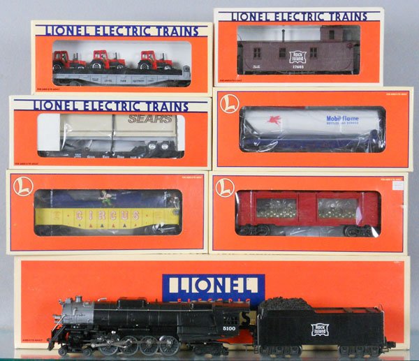 LIONEL ROCK ISLAND TRAIN SET: O ga, 18001 loco & tender, w/cars 19411, 19472, 16907, 17603, 19677, 26723, orig boxes, C9.