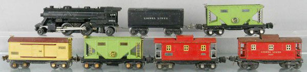 LIONEL TRAIN SET: O ga, 1684 loco, 1689 tender, 653 hopper, 655 box car, 2653 hopper, 2 #2657 cabooses, C5.