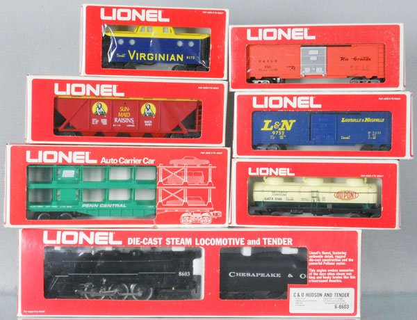 LIONEL TRAIN SET: O ga, 8603 Hudson loco & tender w/smoke & sound, w/cars 6139, 9148, 9175, 9705, 9752, 9261, orig boxes minor wear, C8-9.