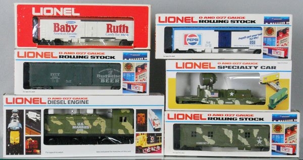 LIONEL MILITARY TRAIN SET: O ga, 8485 US Marines diesel loco w/cars 5727, 9854, 5704, 9831, 6526, orig boxes minor wear, 1 worn, C8-9.