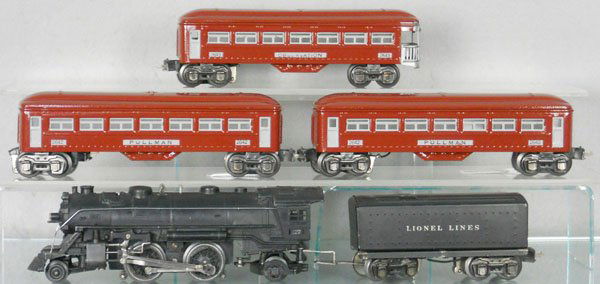 LIONEL TRAIN SET: O ga, 229 loco, 1689W tender, 2 #2642 Pullmans, 2643 obsv, cars are restored, C5-8.
