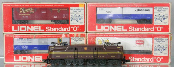 K-LINE & LIONEL TRAIN SET: O ga, K-Line 2780-4912 PRR GG1, w/sound, Lionel 9803, 9807, 9825, 9801 cars, orig car boxes only, boxes worn, C7-8.