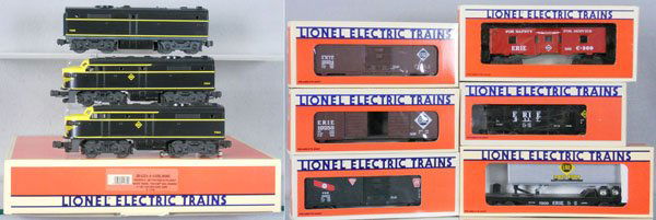 LIONEL ERIE TRAIN SET: O ga, 11734 Alco ABA diesels w/cars 19719, 19254, 6117, 19202, 19255, 19415, orig boxes, C9.