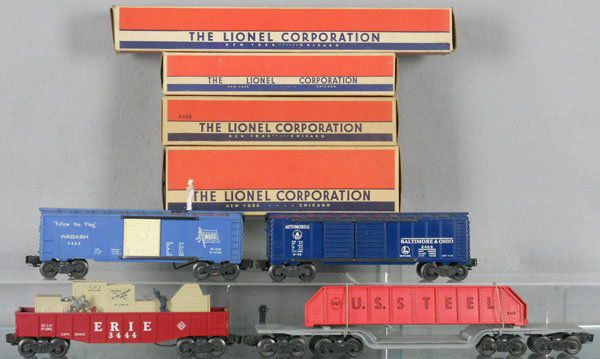 4 LIONEL FREIGHT CARS: O ga, 6418 machinery car, missing 1 brake station, 3444 animated gondola, 3424 operating brakeman, 6468 B&O auto car, orig boxes minor wear, C6-7.