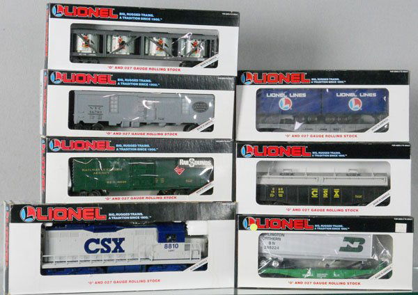 LIONEL TRAIN SET: O ga, 18810 CSX diesel w/cars 16323, 16342, 16308, 16703, 16225, 16649 w/sound, orig boxes minor wear, C8.