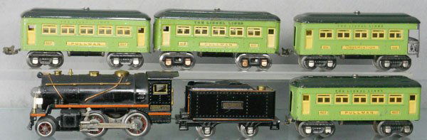 LIONEL TRAIN SET: O ga, 258 loco, 257T tender, 3 #607 Pullmans, 608 obsv, missing 5 couplers, C4-5.