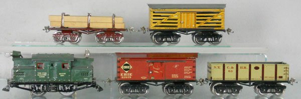 IVES TRAIN SET: O ga, 3251 loco, 64 Erie box car, 63 gondola, 69 lumber, 65 stock car, C5-6.