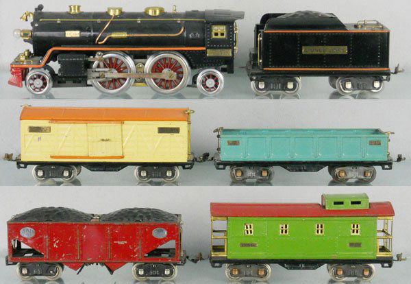 LIONEL TRAIN SET: std ga, 390 loco, 390T tender, both restored, 514 box car, 512 gondola, 516 hopper, scratched, missing brakewheels, 517 caboose, C5-7.