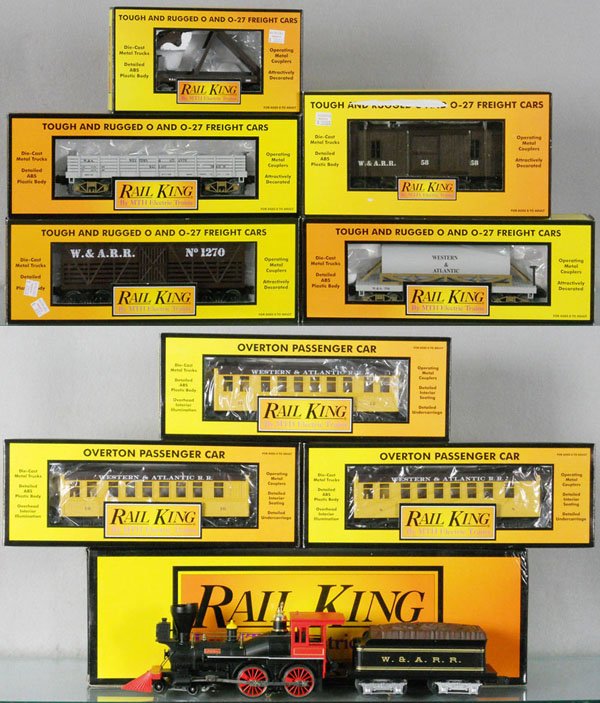 MTH RAIL KING WARR TRAIN SET: O ga, 30-1120-1 loco & tender, w/sound, w/cars 30-7724, 30-7320, 30-7635, 30-7114, 30-7216, 30-6400-3, 30-6400-1, 30-6400-2, orig boxes minor wear, C8-9.