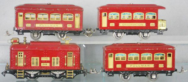 LIONEL TRAIN SET: O ga, 248 loco, die cast wheels fatiguing, 629 Pullmans, 630 obsv, C6.