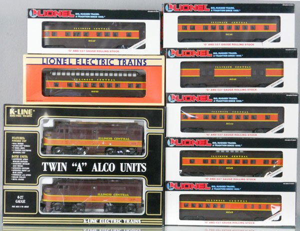 LIONEL & K-LINE ILLINOIS CENTRAL TRAIN SET: O ga,K-Line K-2124 Twin A Alcos w/Lionel cars 16093, 16044, 16042, 16045, 16049, 16046, 16047, orig boxes minor wear, 1 window torn, C8-9.