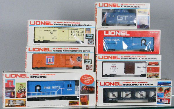 LIONEL TRAIN SET: O ga, 8068 The Rock diesel w/cars 9769, 9406, 9185, 9106, 9782, 9788, orig boxes minor wear, C8-9.