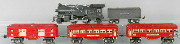 LIONEL TRAIN SET: O ga, 249E loco, 1689T tender, 602 baggage, 600 Pullman, 601 obsv, 4 couplers incom, C4-5.